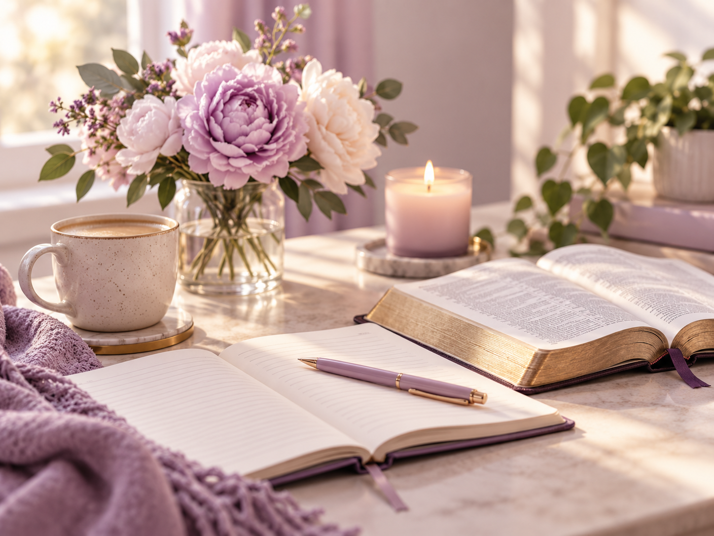 A cozy workspace setup with a book, a notebook with a pen, a cup of coffee, a lit candle, and a bouquet of pink and white flowers on a marble table near a window.
