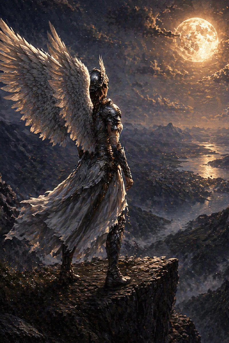 A warrior with large angelic wings standing on a rocky cliff at night under a glowing full moon.