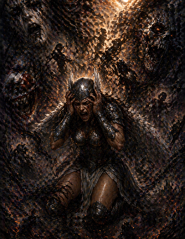 A valkyrie kneeling and screaming with her hands on her head, surrounded by dark, monstrous faces and chaotic, fiery background.