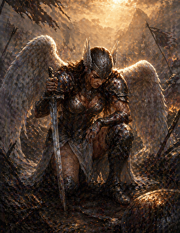 A valkyrie in armor kneeling on the battlefield with a sword, surrounded by a fiery, smoky background.