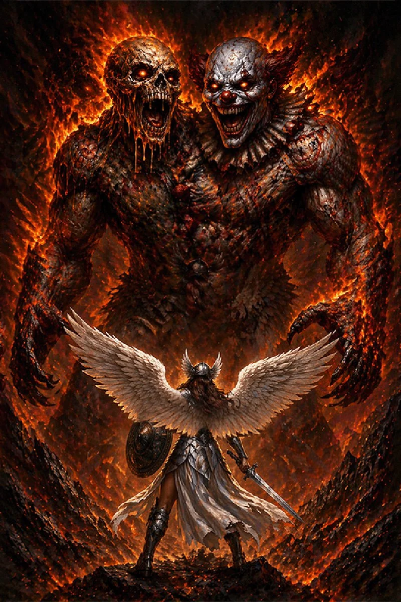 A fiery, fantastical battle scene featuring a winged warrior confronting two monstrous, fiery-skinned creatures with skull-like faces and open mouths, set against a backdrop of flames and darkness.