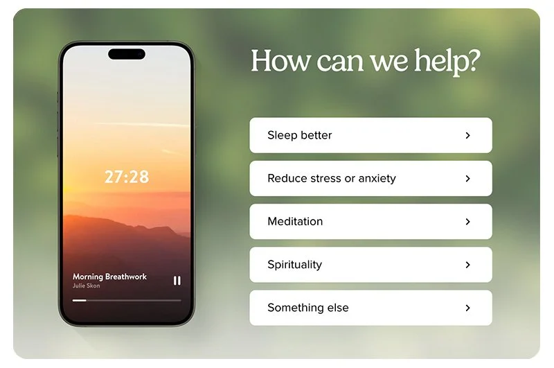 Smartphone screen displaying a sunset with the title 'Morning Breathwork' by Julie Skon, and a timer reading 27:28. To the right, a list of help options including sleep better, reduce stress or anxiety, meditation, spirituality, and something else.