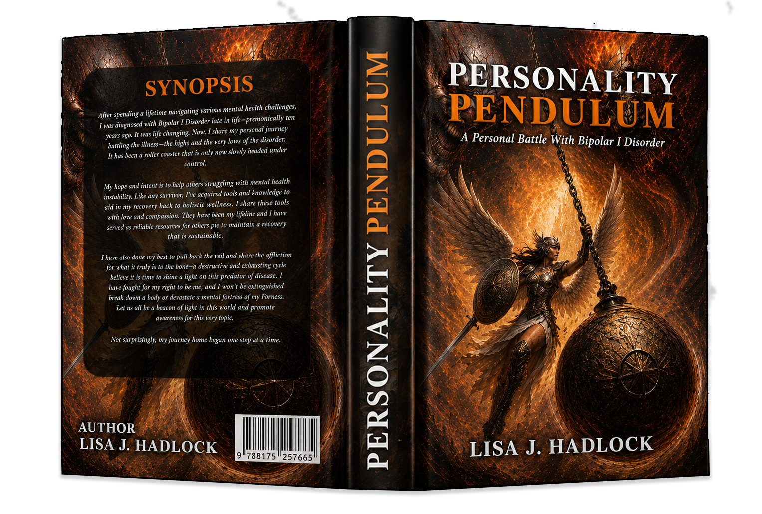 Book cover titled 'Personality Pendulum: A Personal Battle With Bipolar I Disorder' by Lisa J. Hadlock. The cover features a valkyrie with shield and chain attached to pendulum, set against a fiery, dark background with swirling patterns.