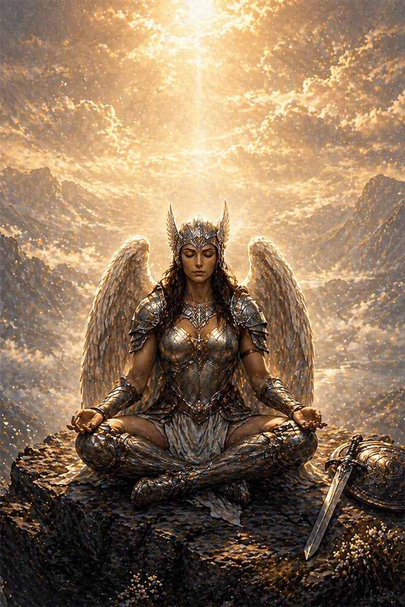 A valkyrie wearing shiny armor and a crown, sitting cross-legged in a meditative pose on a rocky surface. She has long dark hair and a sword and shield are placed beside her. The background has a glowing sky with clouds and golden light.