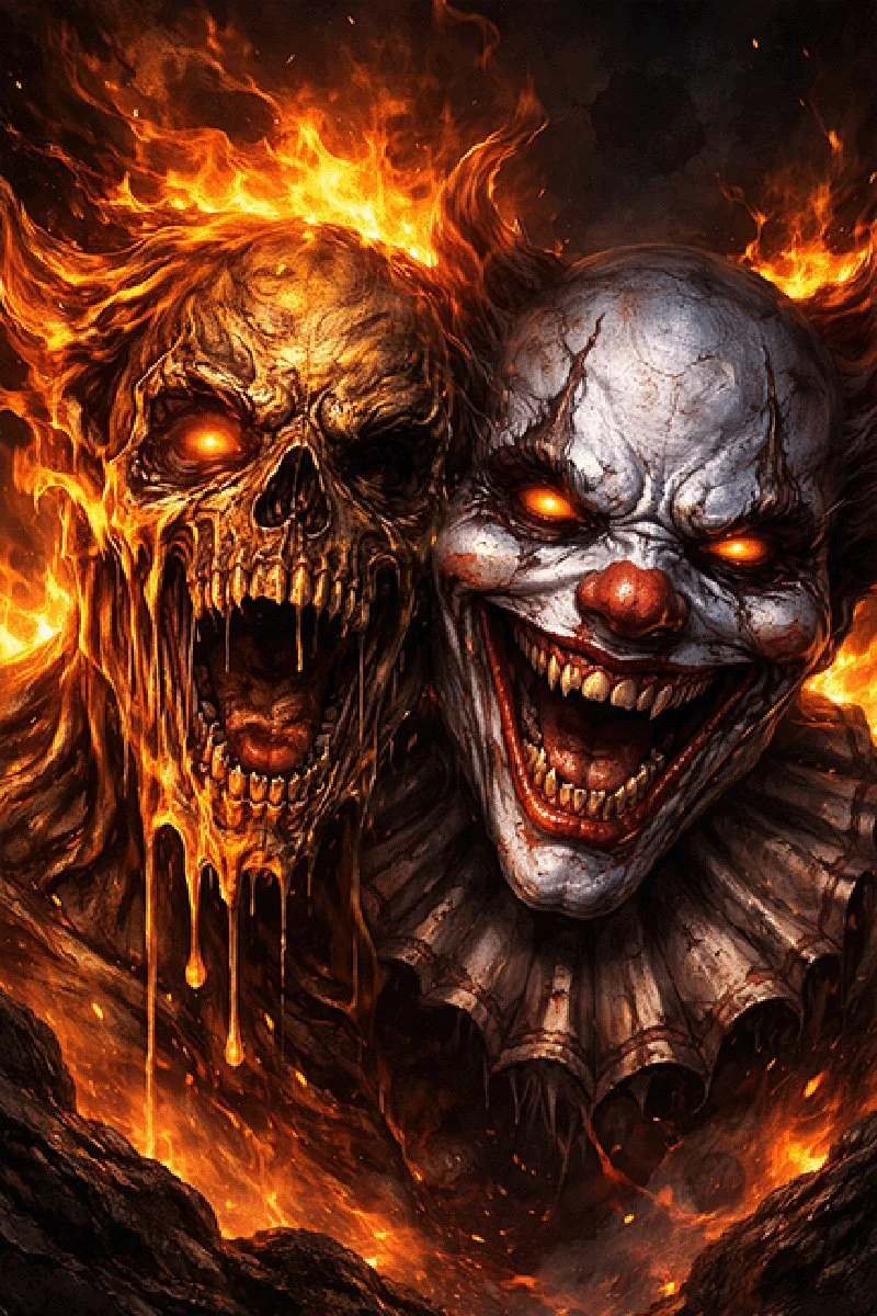 A fiery depiction of a sinister clown with glowing eyes and sharp teeth, accompanied by a flaming skull with a menacing expression, both rising from flames and molten lava.