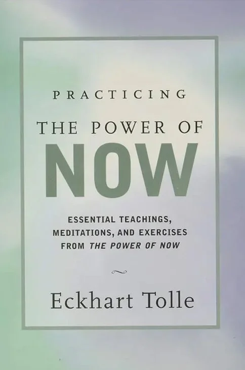 Book cover for Practicing the Power of Now by Eckhart Tolle, featuring a light green background and black text.