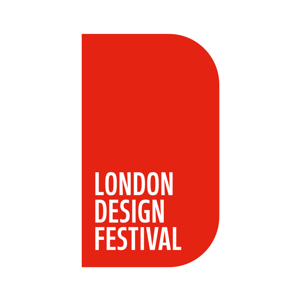 Red vertical rectangle with rounded top and bottom edges containing white text that reads 'London Design Festival.'