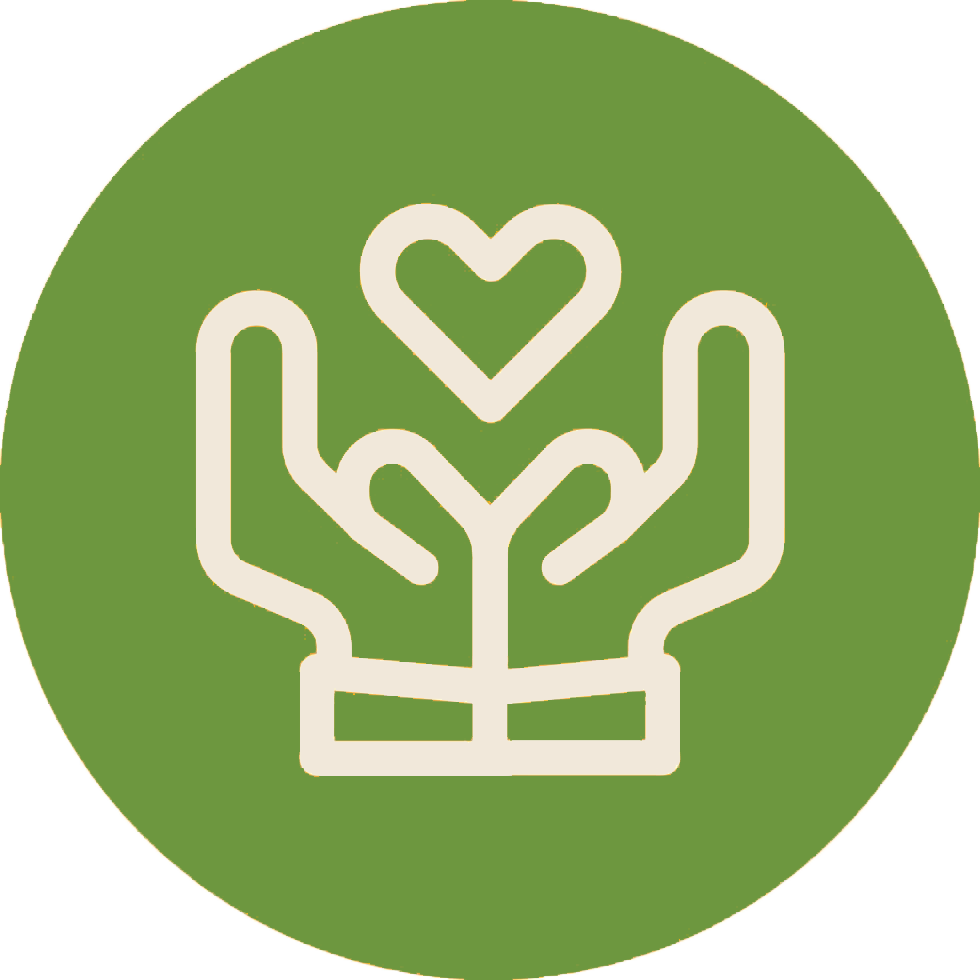 Icon of two hands holding a heart with a smaller heart above, all outlined in white on a green circular background.