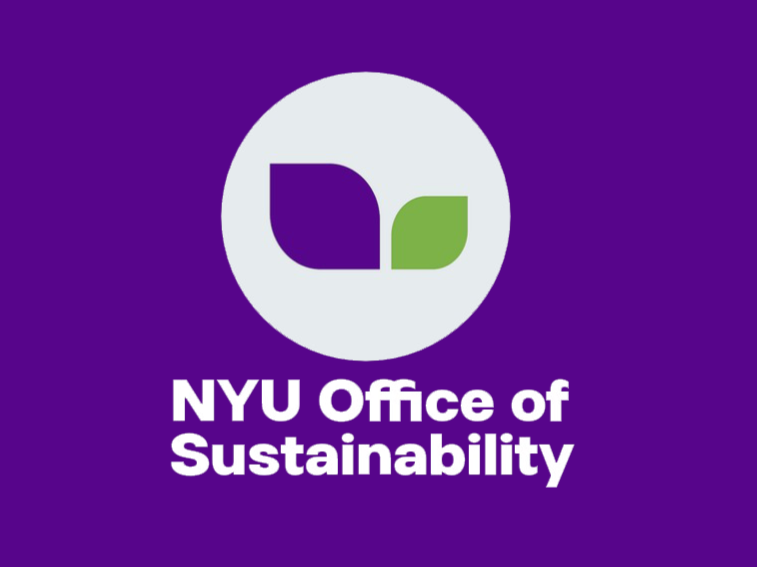 NYU Office of Sustainability logo with purple background and a stylized leaf graphic.