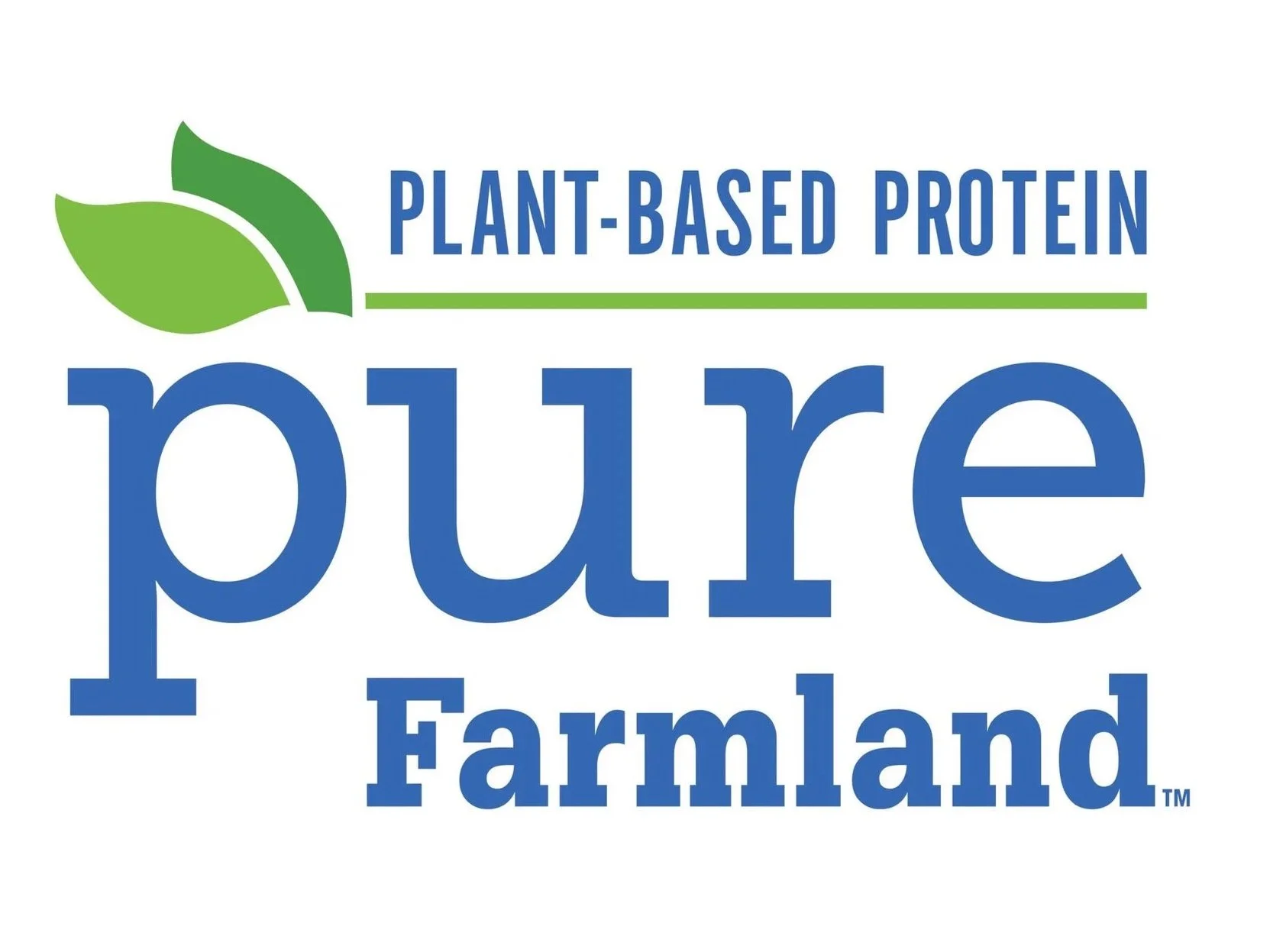 Logo for Pure Farmland featuring green leaves and text stating 'Plant-Based Protein' and 'Pure Farmland' in blue font.
