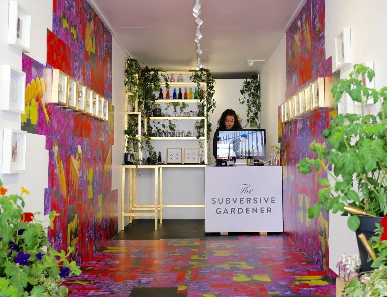 Interior of a shop called 'The Subversive Gardener' with colorful, abstract wall art and plants, a woman working at a computer behind the counter.