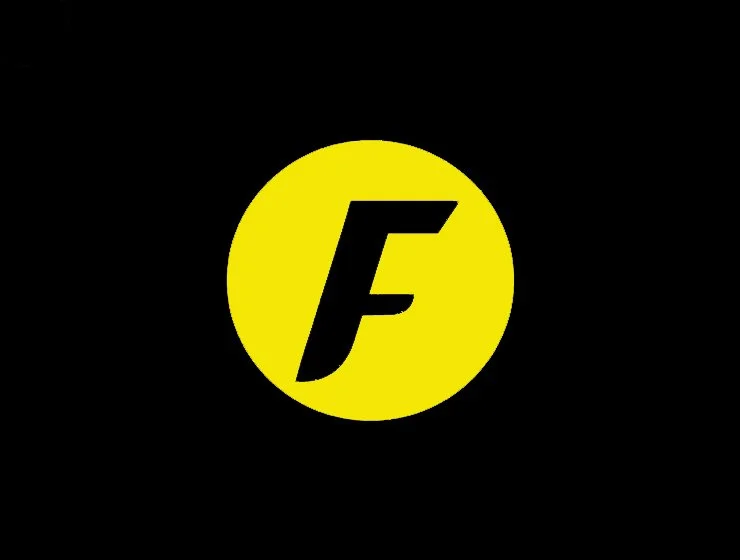 Black background with a yellow circle containing a stylized black letter 'F'.