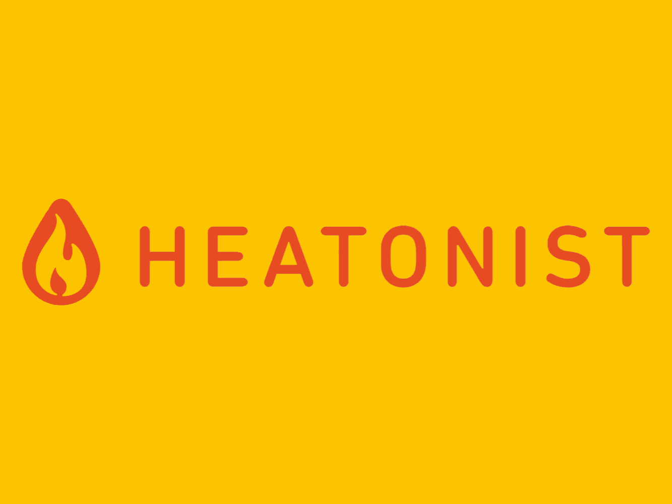Logo with a yellow background, a flame icon on the left, and the text 'HEATONIST' in red.