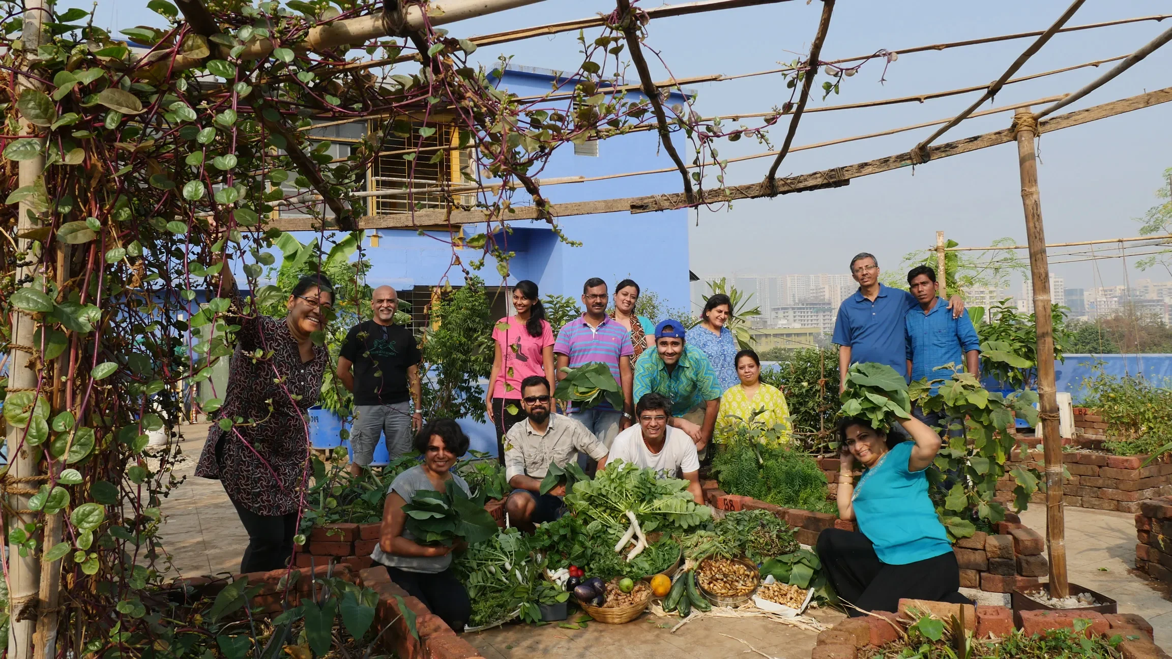 Group of people at a rooftop vegetable garden with plants, vegetables, and urban cityscape in the background.