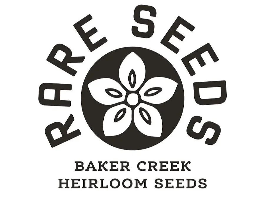 Logo with a flower design in the center and the words "Rare Seeds" arching above it. Below, the text reads "Baker Creek Heirloom Seeds."