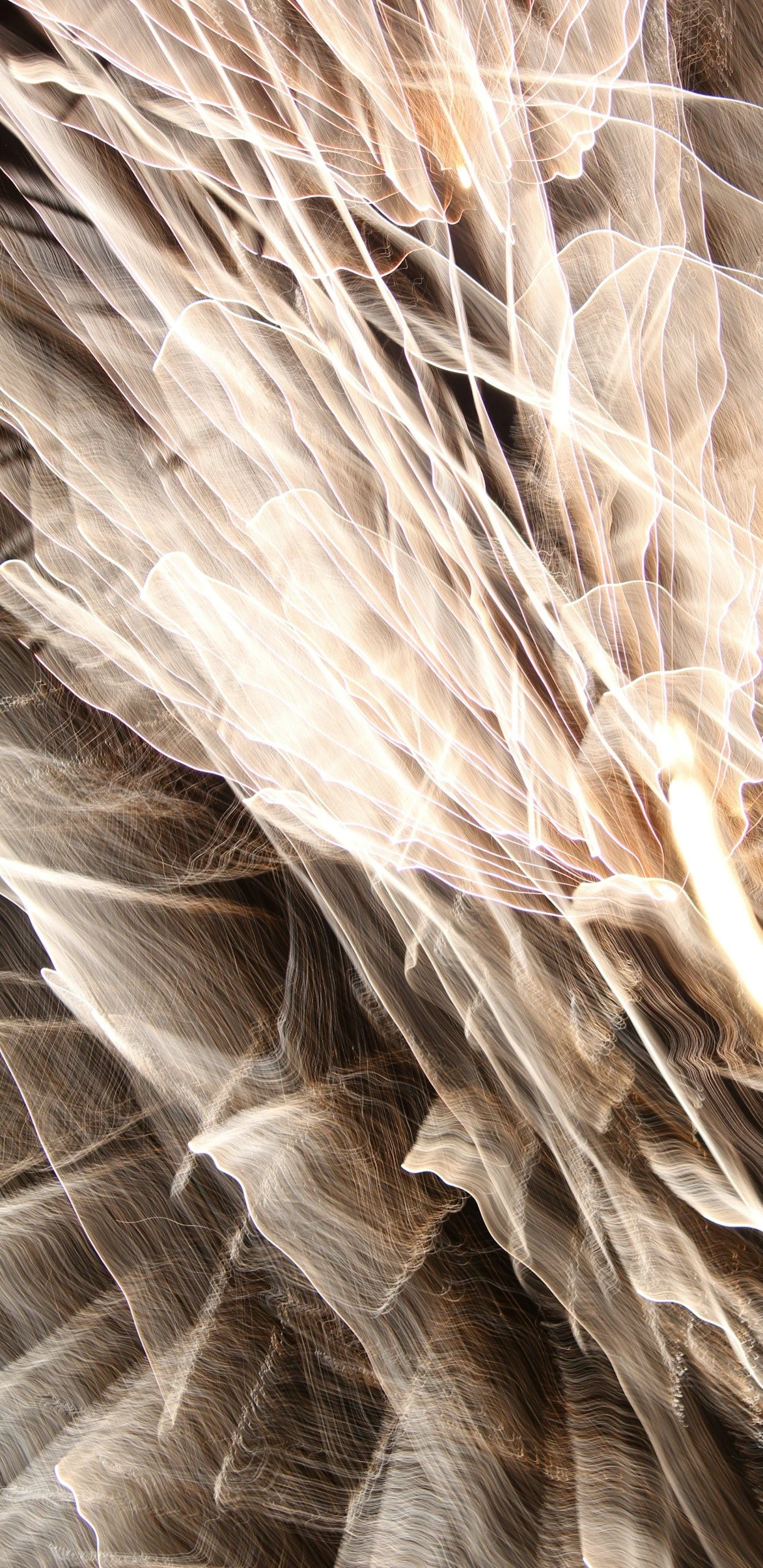 Close-up of swirling, abstract light streaks and patterns in beige, brown, and white colors.