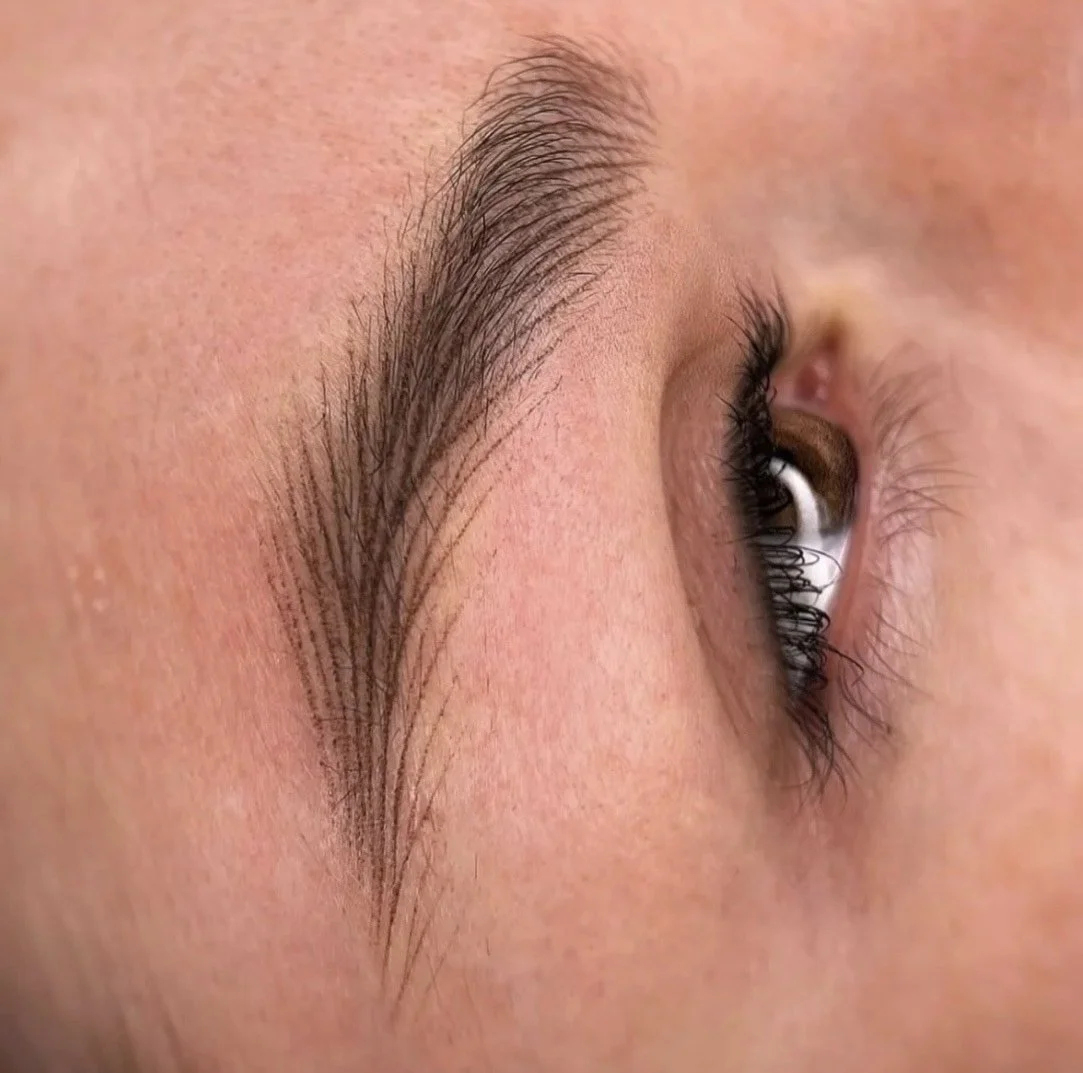 Close-up of a person's eye showing brown iris, eyelashes, and well-groomed eyebrow.