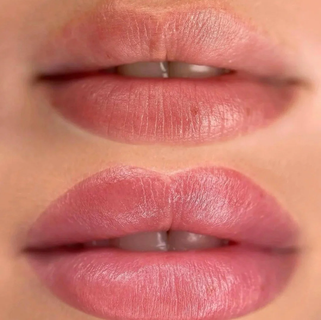 Close-up of lips showing before and after applying lip balm or gloss, with smooth, hydrated appearance.