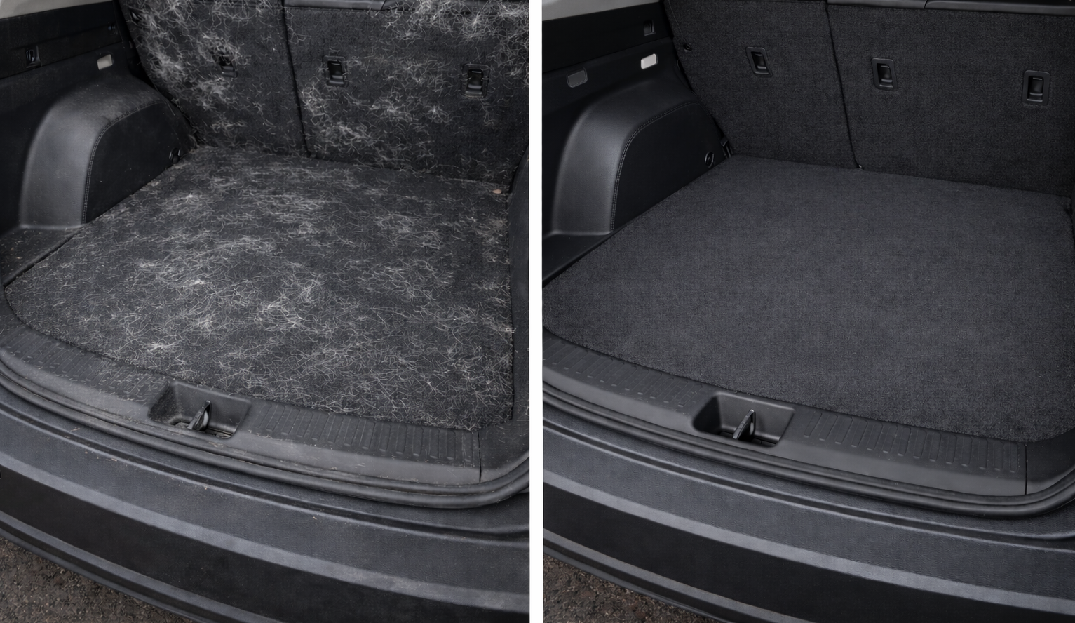 Vergelijking van de achterbak van een auto, links met grauwe, versleten bekleding en rechts met schone, nieuwe bekleding.