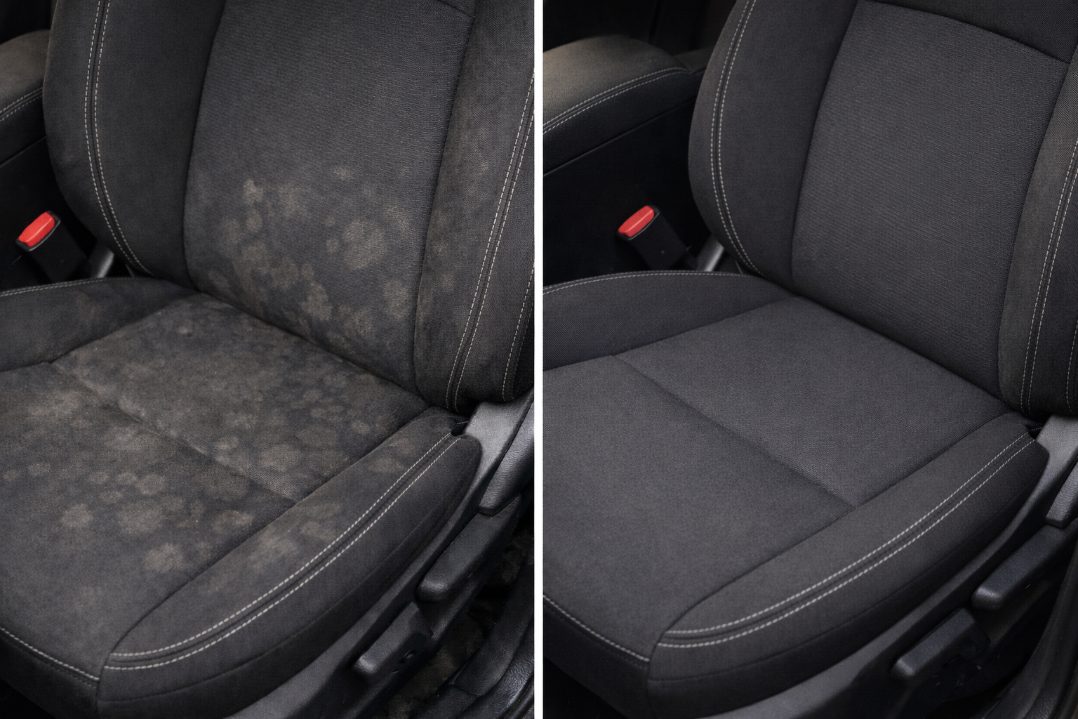 Voor- en na foto van een autostoel, links versleten en vuil, rechts schoon en gerenoveerd.