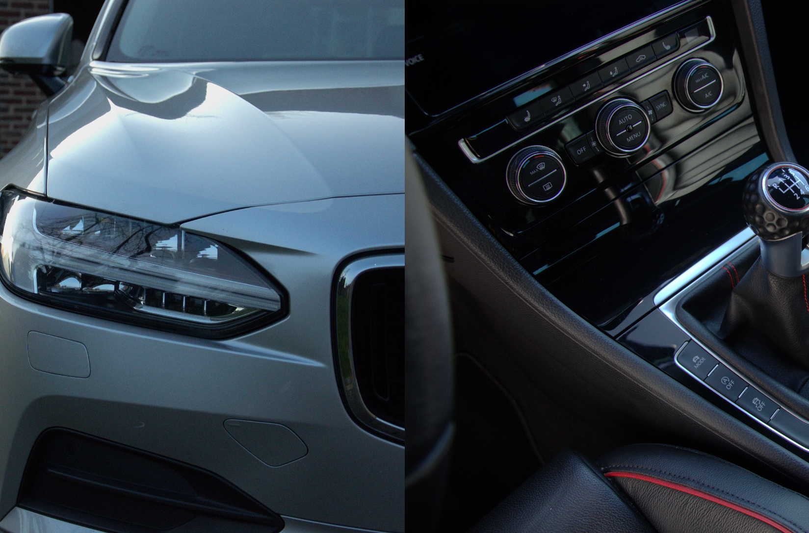 Close-up van een auto, links de voorkant met koplamp en grill, rechts het interieur met climate control en versnellingspook.