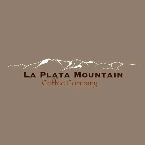 Logo for La Plata Mountain Coffee Company featuring a stylized mountain range above the company name on a beige background.