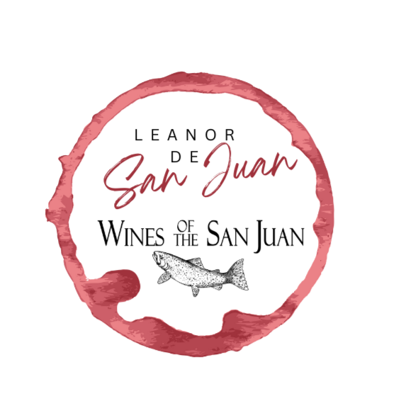 Logo for 'Wines of the San Juan' featuring a wine stain circle, with text and a fish illustration in the center.