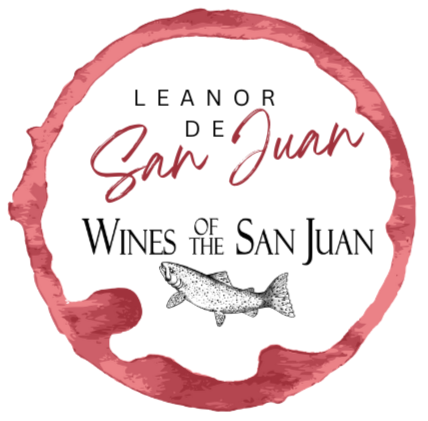 Logo for Leanor de San Juan Wines, featuring a wine stain circle, text, and a fish illustration.