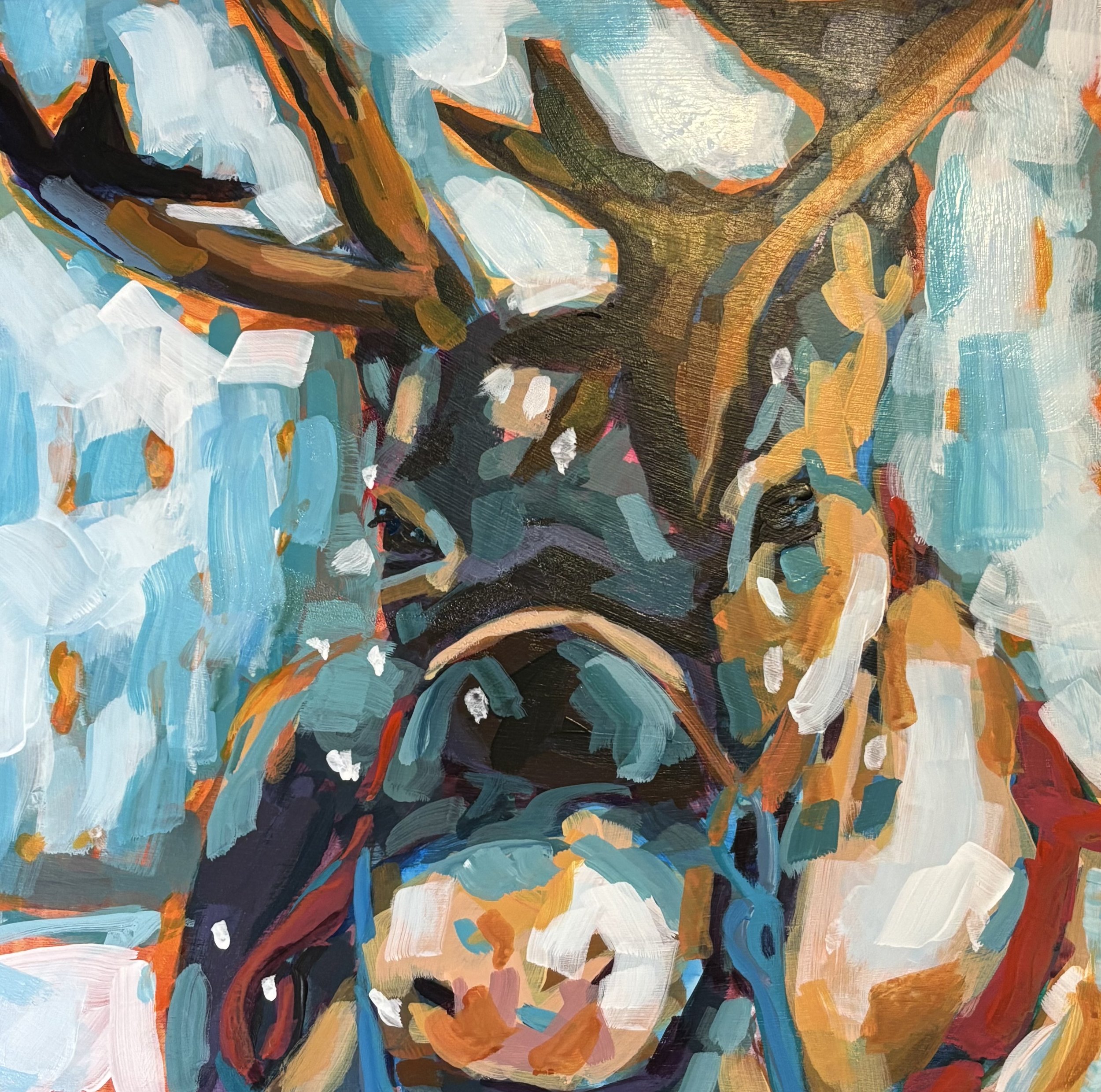 Print from class original: Regal Reindeer, 12 x 12 matted print
