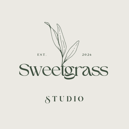 Logo for Sweetgrass Studio with a minimalist line drawing of a plant, established in 2026.