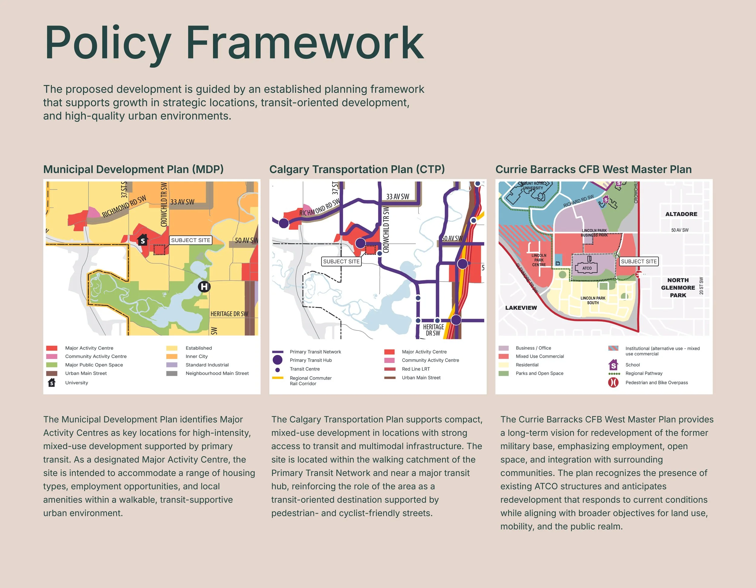 An informational poster titled 'Policy Framework' displaying three urban development maps and descriptions. The maps illustrate the Municipal Development Plan, Calgary Transportation Plan, and Currie Barracks CFB West Master Plan with various color codes and icons representing different land uses, transit routes, activity centers, and other features. The descriptions explain the purpose and focus of each plan.