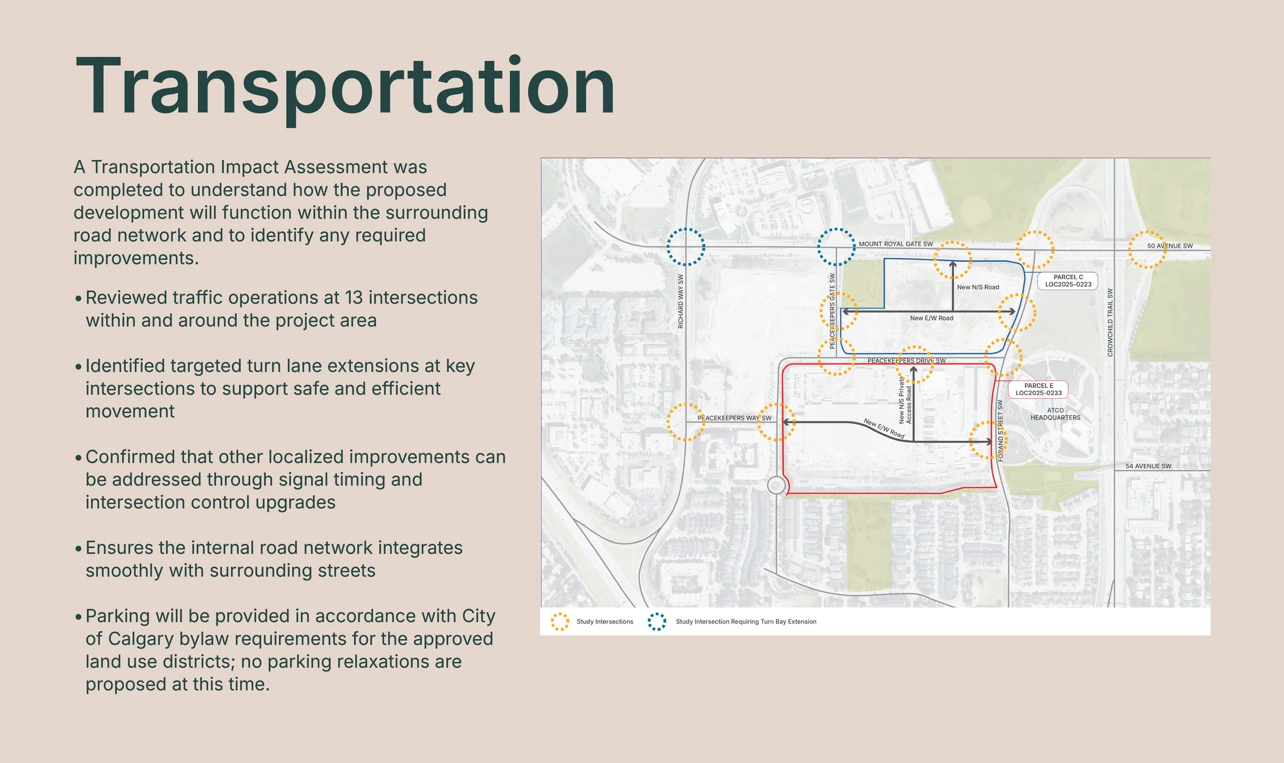 A map and text detailing transportation impact assessments, intersections, and roadway improvements, including a legend for study intersections and turn bay extensions.