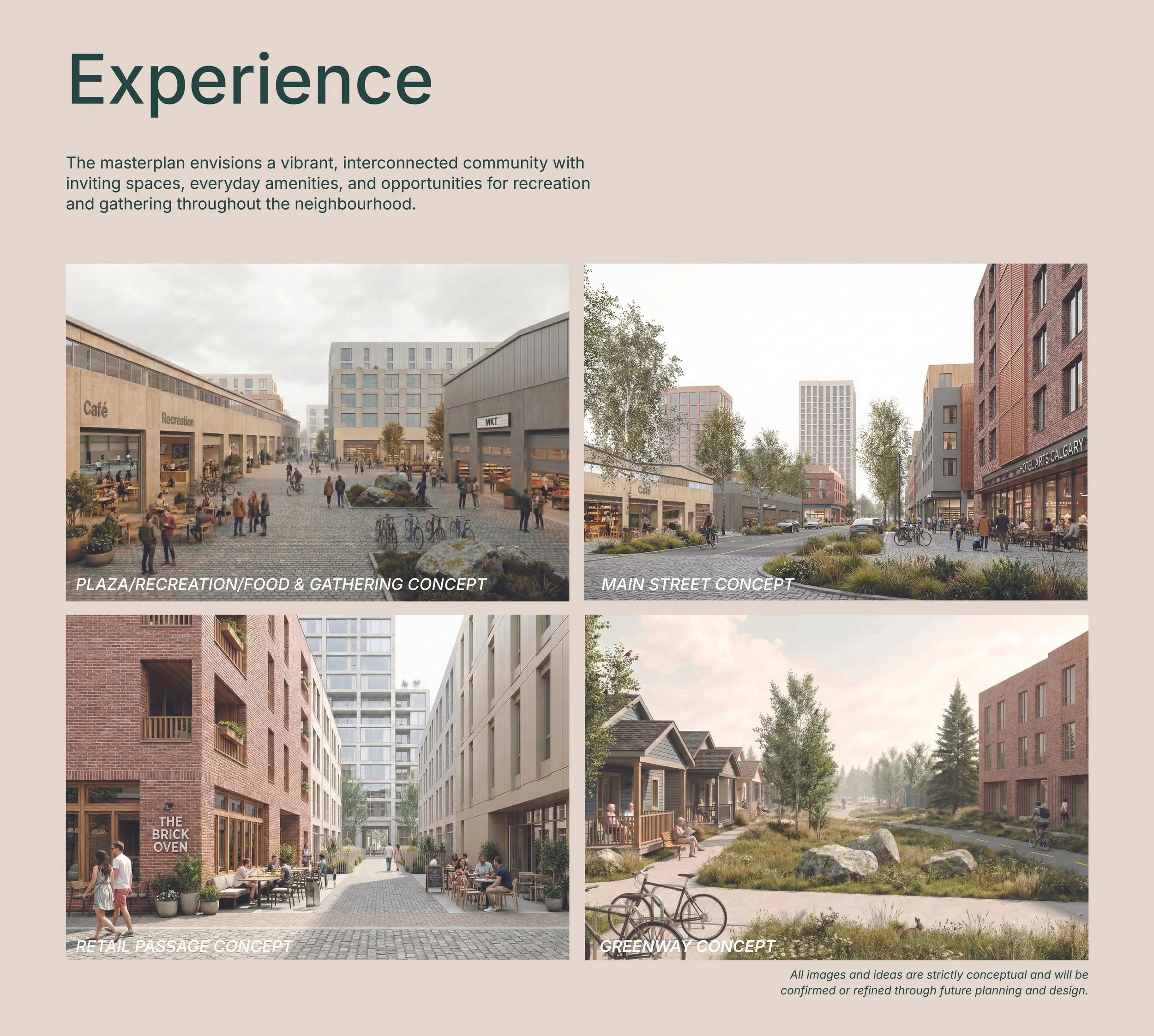 A visual presentation of four urban development concepts: Plaza/Recreation/Food & Gathering, Main Street, Retail Passage, and Greenway. The top left shows a lively plaza with people, bicycles, and outdoor seating. The top right depicts a tree-lined street with pedestrians and buildings. The bottom left features a retail area with cafes and people walking or seated outside. The bottom right illustrates a peaceful green pathway with trees, benches, and a person cycling.