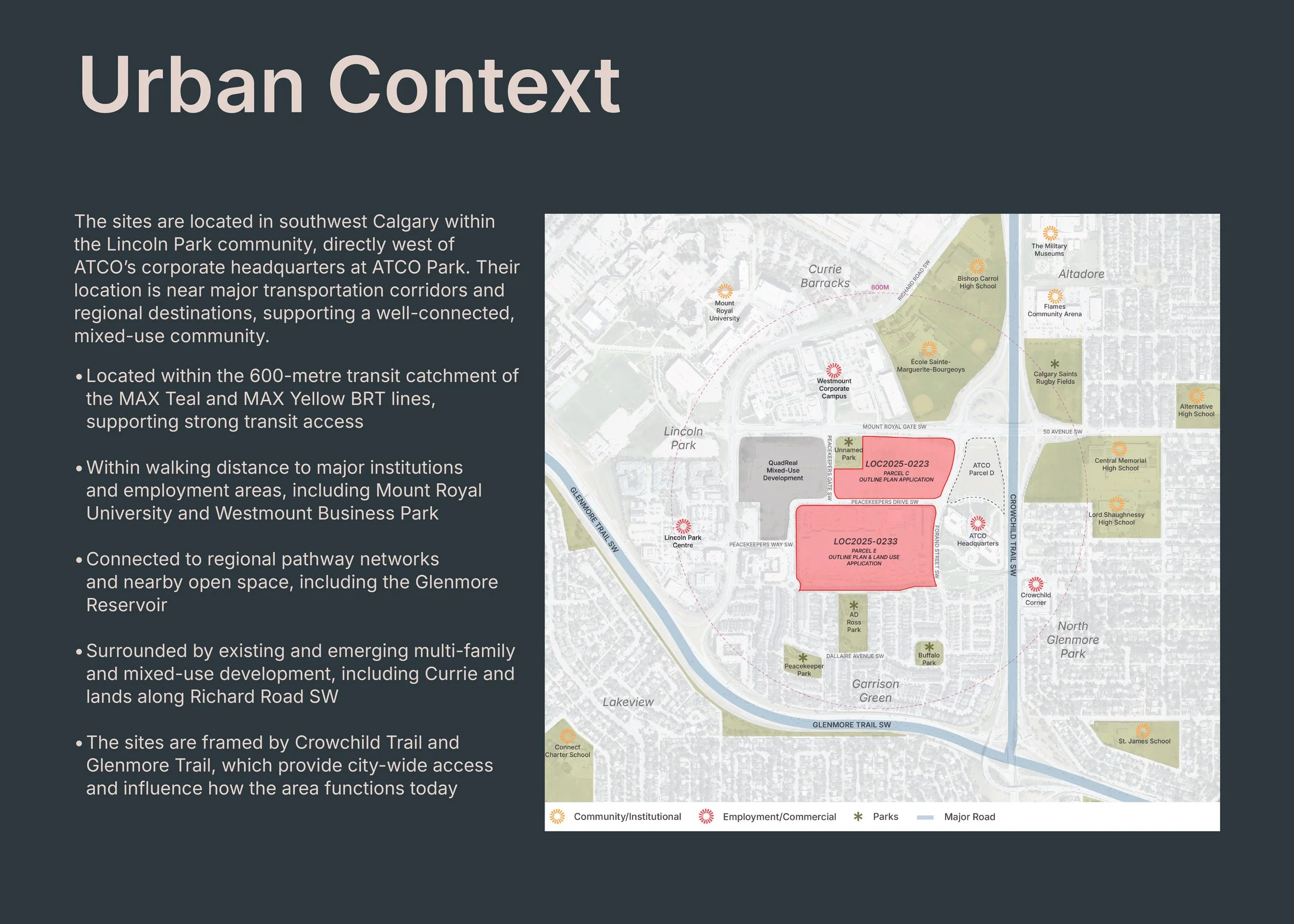 Map showing urban development sites in southwest Calgary near Lincoln Park, with labels for parks, roads, and institutions, and a key for different site classifications.