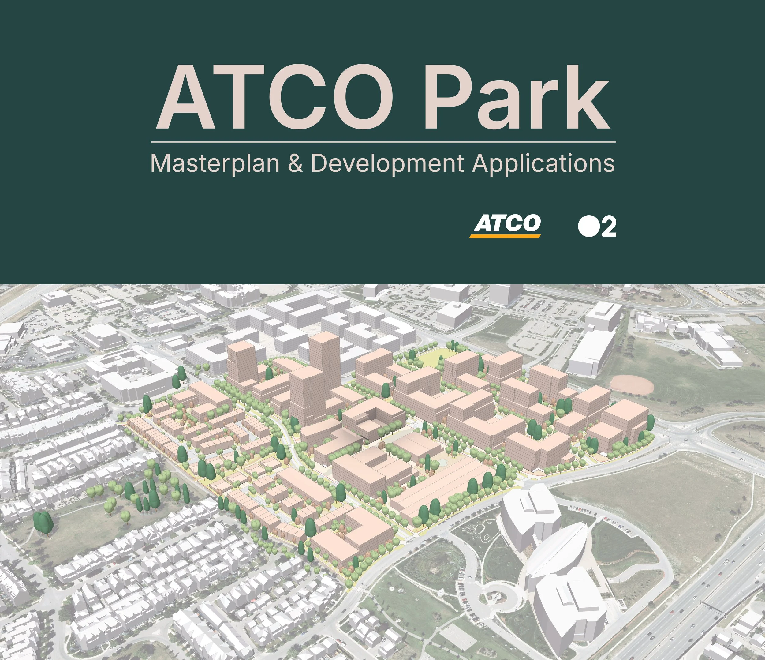 Cover page of a master plan document for ATCO Park, showing a 3D rendering of a planned urban development with multiple buildings and green spaces.