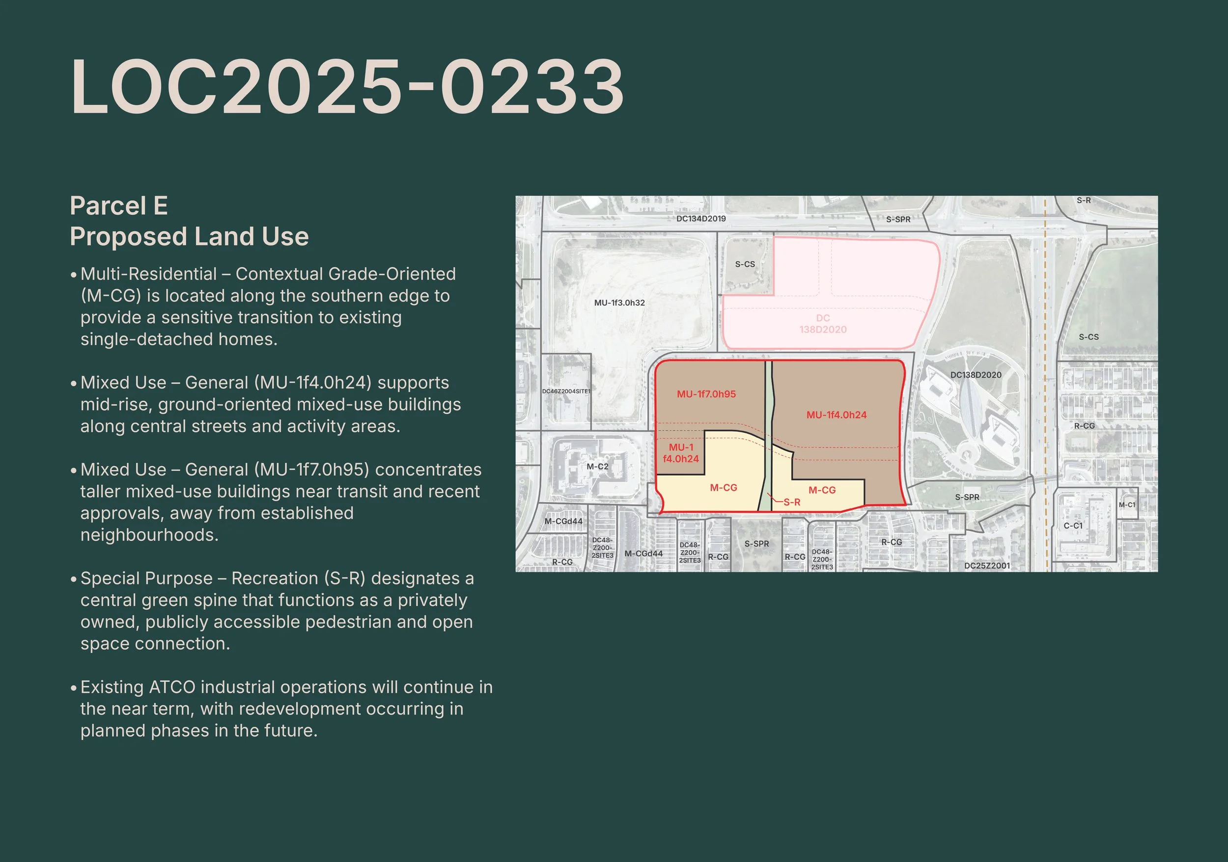 Map showing proposed land use zones for Parcel E, including multi-residential, mixed-use, and recreational areas, with labels and boundaries outlined.
