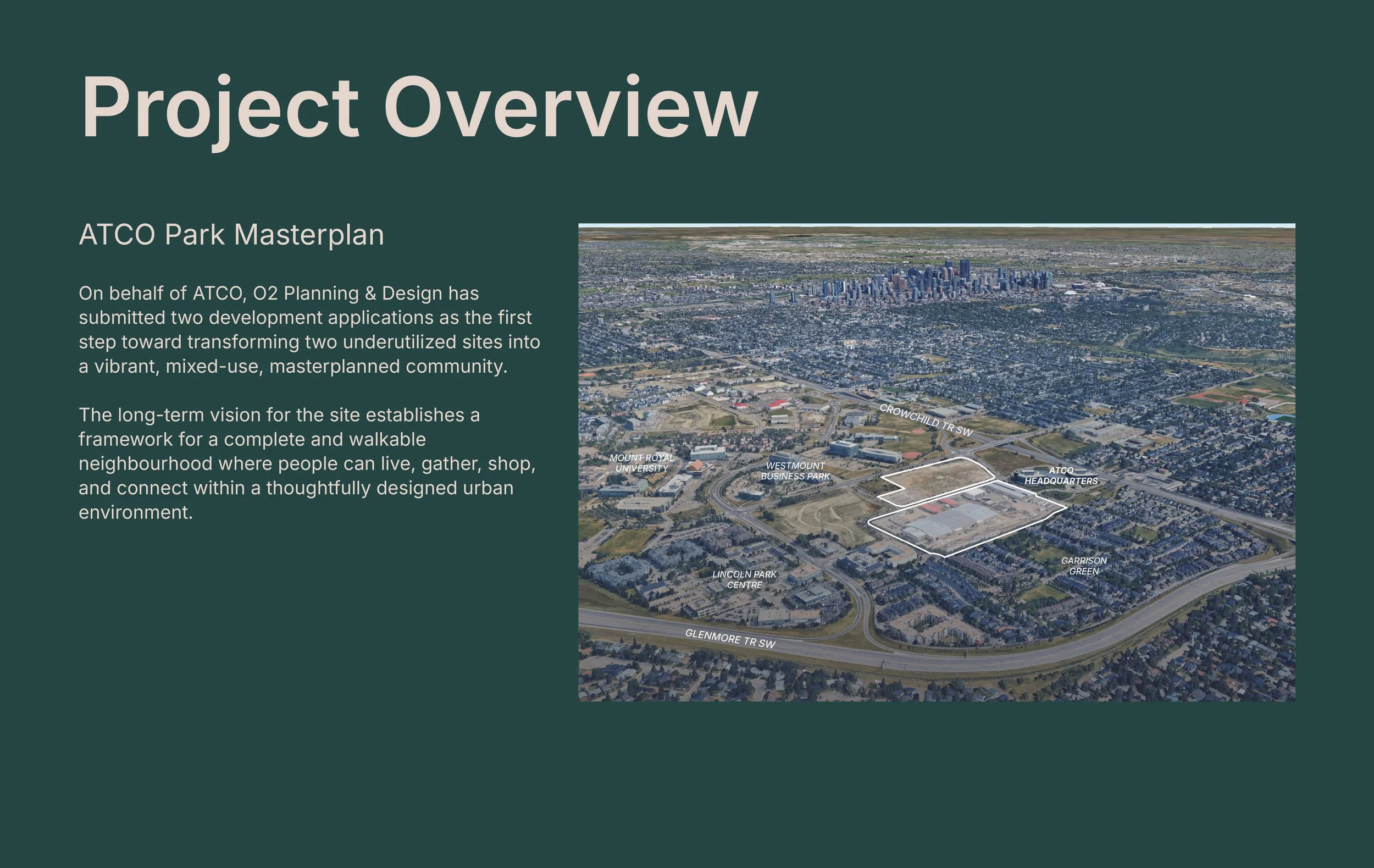 Aerial view of a city with highlighted site boundaries for ATCO Park Masterplan, showing surrounding landmarks such as Mount Royal University, Westmount Business Park, Lincoln Park Centre, and Garrison Green, with labels and roads including Crowchild Trail SW and Glenmore Trail SW.