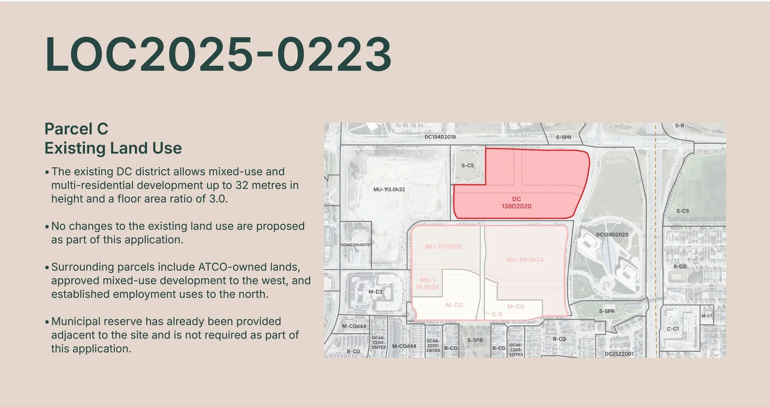 Informational map and text about parcel land use. The map shows different land zones outlined in red and gray, with labels such as DC, MU, M-CG, and others. The text on the left explains that the parcel follows existing land use regulations, with no proposed changes, surrounded by mixed-use, employment, and municipal reserve lands.