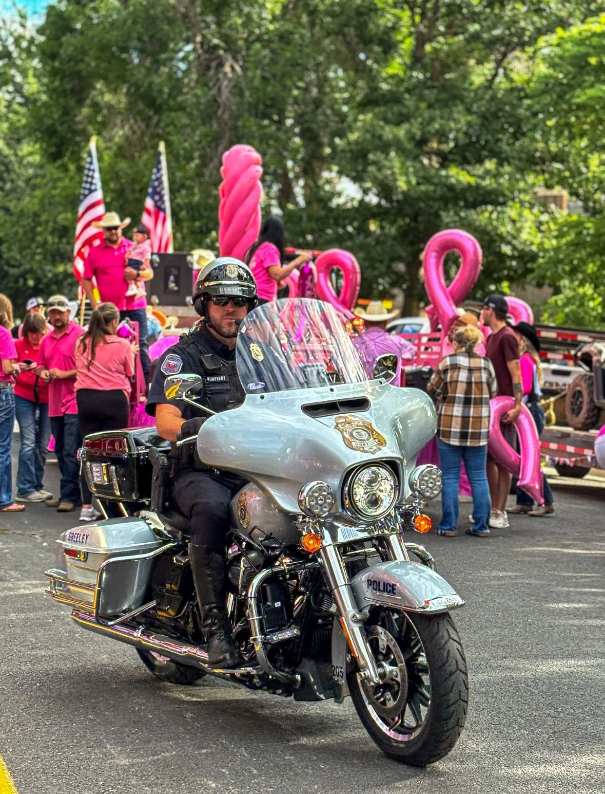 A police officer riding a police motorcycle in front of a parade float decorated with pink and featuring large pink ribbons, surrounded by people in pink shirts and paddle with flags.