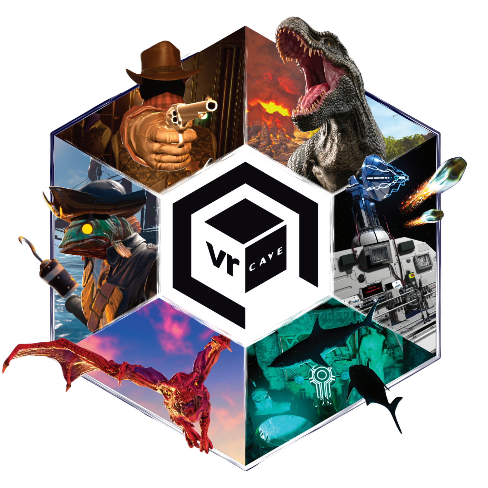 A digital collage of six sections around a central cube with a VR logo, displaying scenes from VR experiences including a cowboy with a gun, a dinosaur, a spaceship and aliens, and underwater creatures.