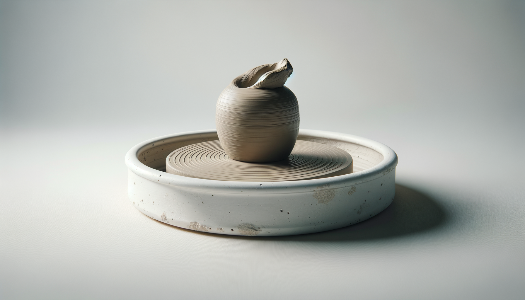 A shaped clay vase on a spinning pottery wheel in a studio setting.