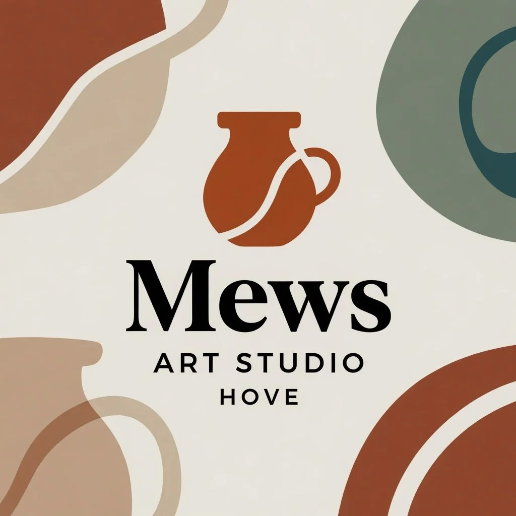 Logo for Mews Art Studio in Hove, featuring a stylized brown pottery vase with a white line, surrounded by abstract shapes in earth tones.