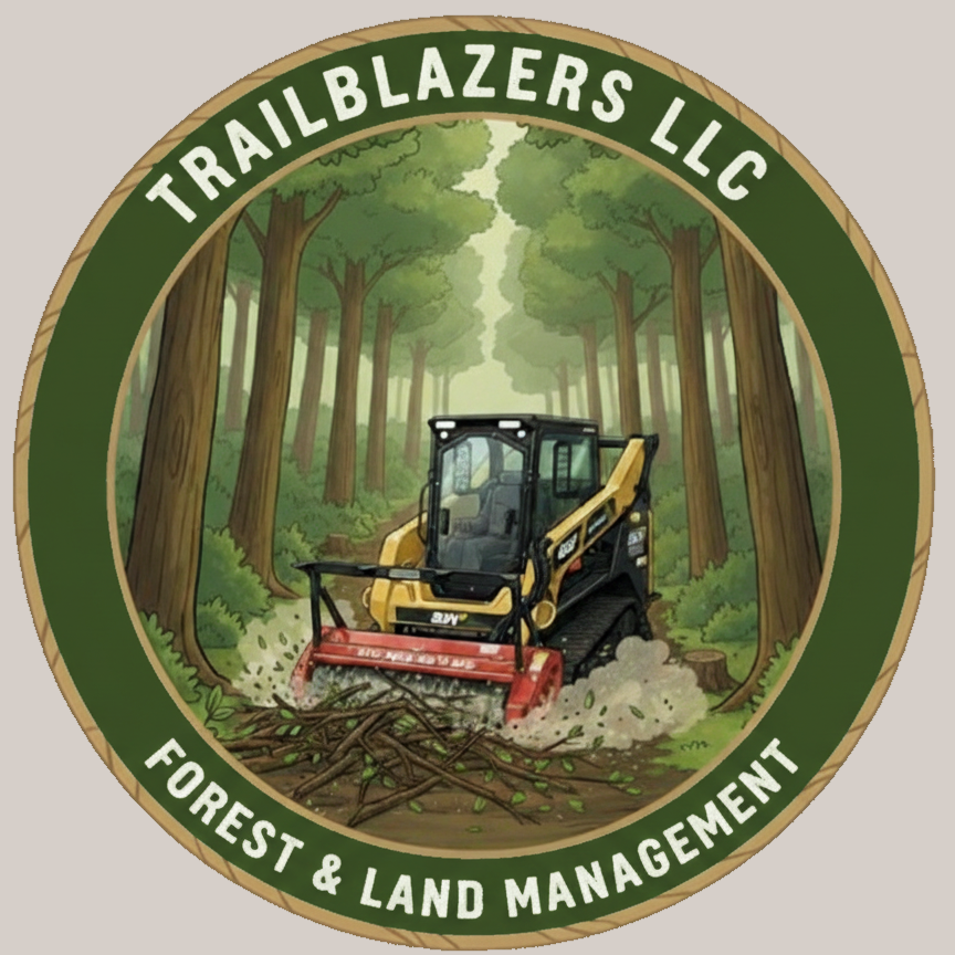 A logo featuring a forest scene with a wooded path, tall trees, and a small skidsteer clearing debris. The text around the logo reads "Trailblazers LLC" at the top and "Forest & Land Management" at the bottom.