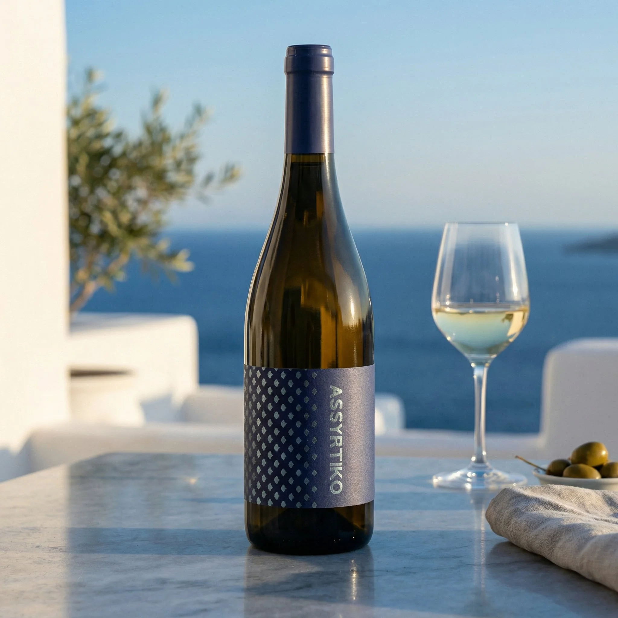 A bottle of Assyrtiko white wine on a table with a glass of white wine, green olives, and a napkin, with a backdrop of the sea and sky.