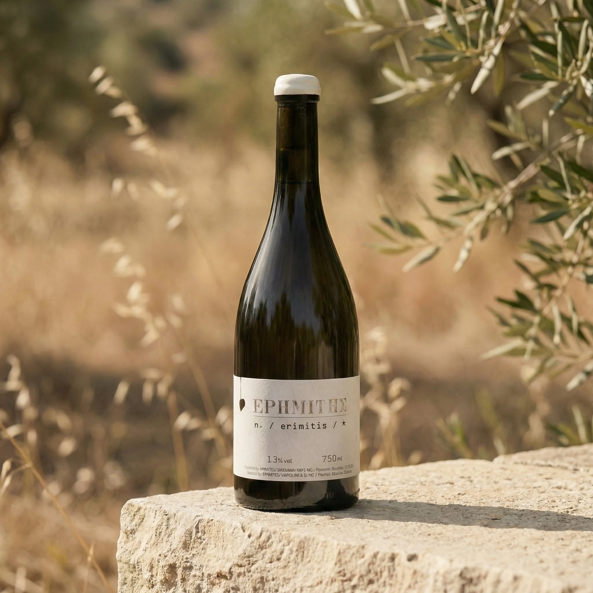 A dark green wine bottle with a white cap and a minimal label, placed on a stone surface outdoors with blurred natural background.