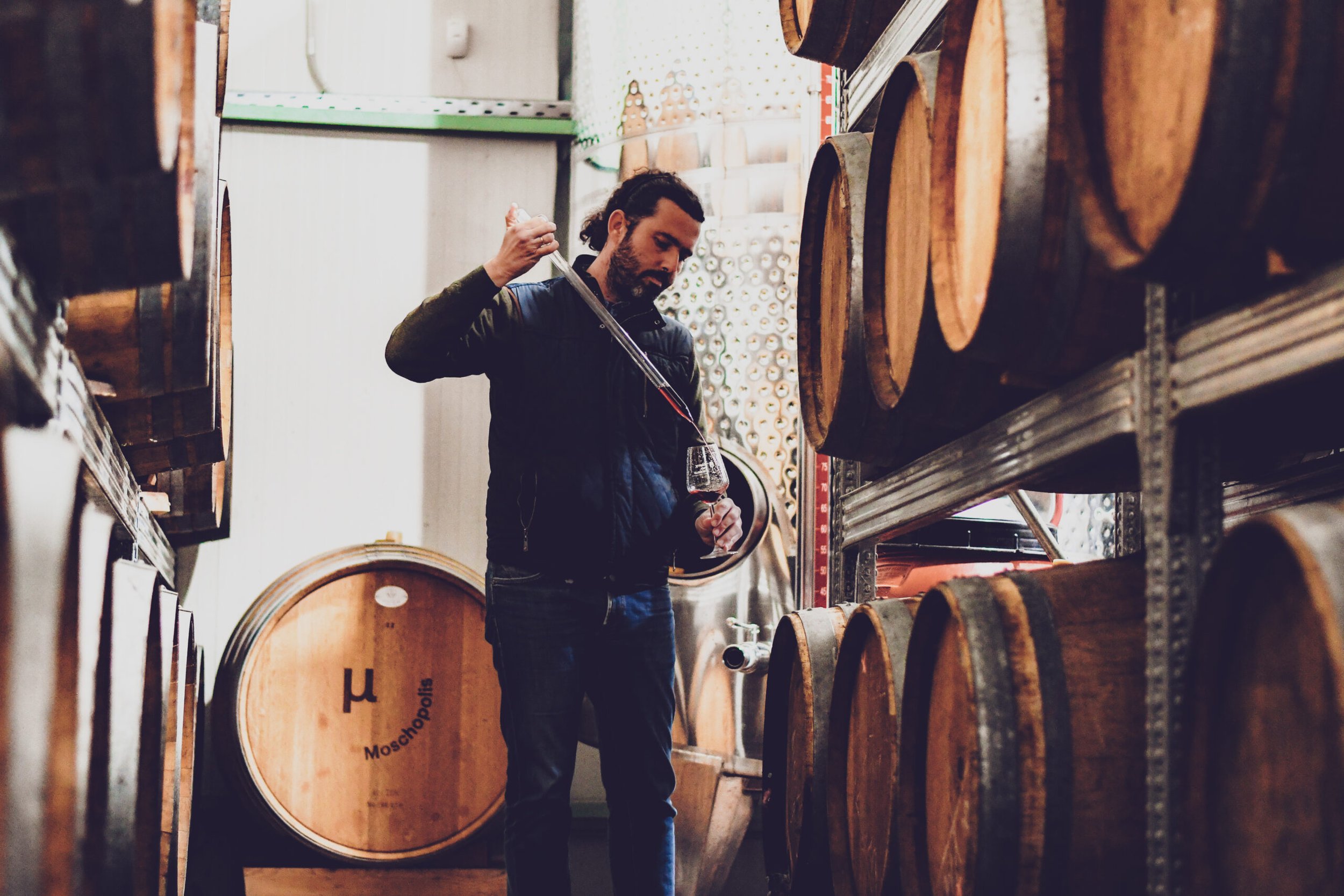The winemaker is tasting wine from a glass in a wine cellar lined with barrels at Moschopolis.