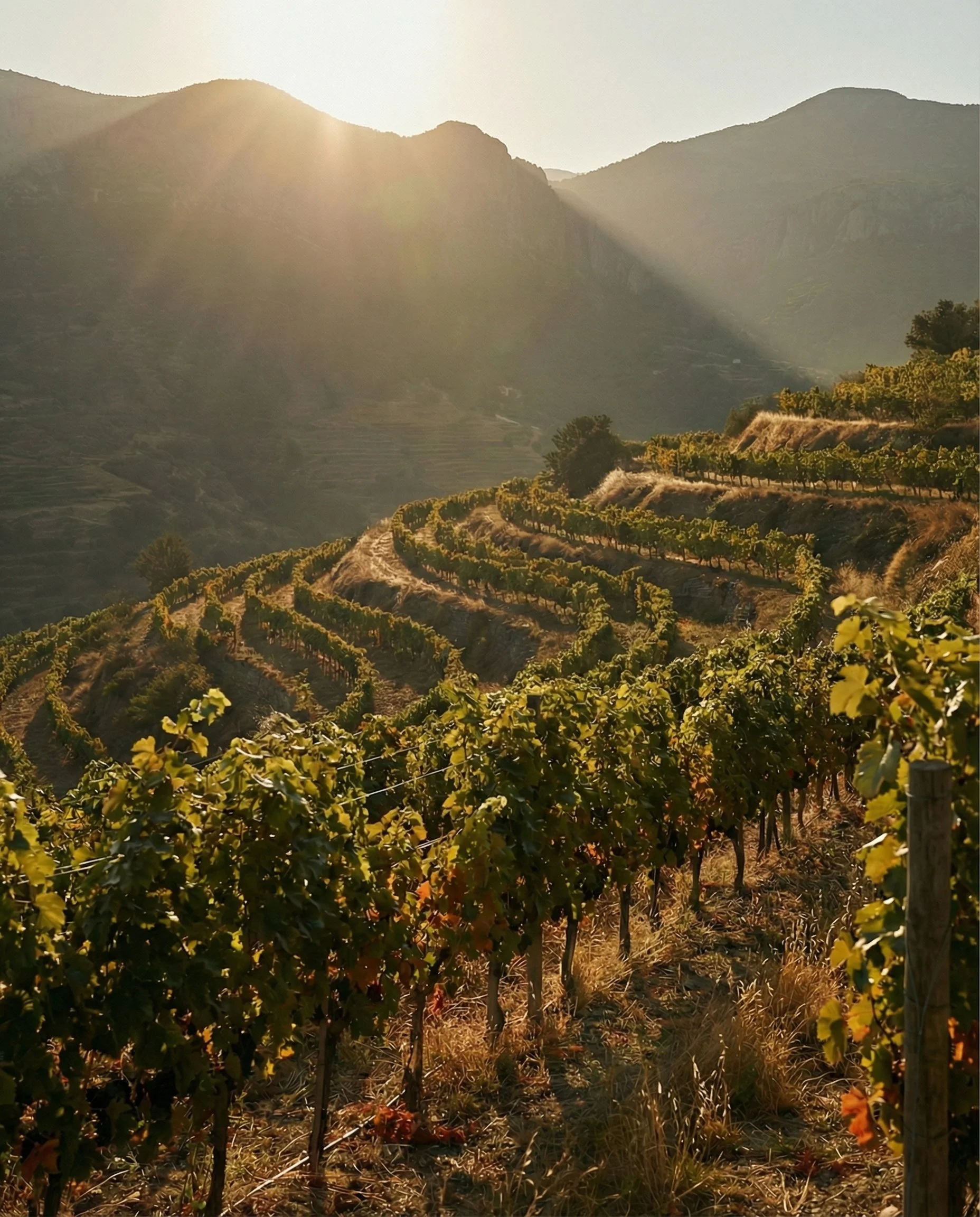 A sunlit vineyard on a hillside with organized rows of grapevines, mountain backdrop, and sunlight streaming over the landscape.