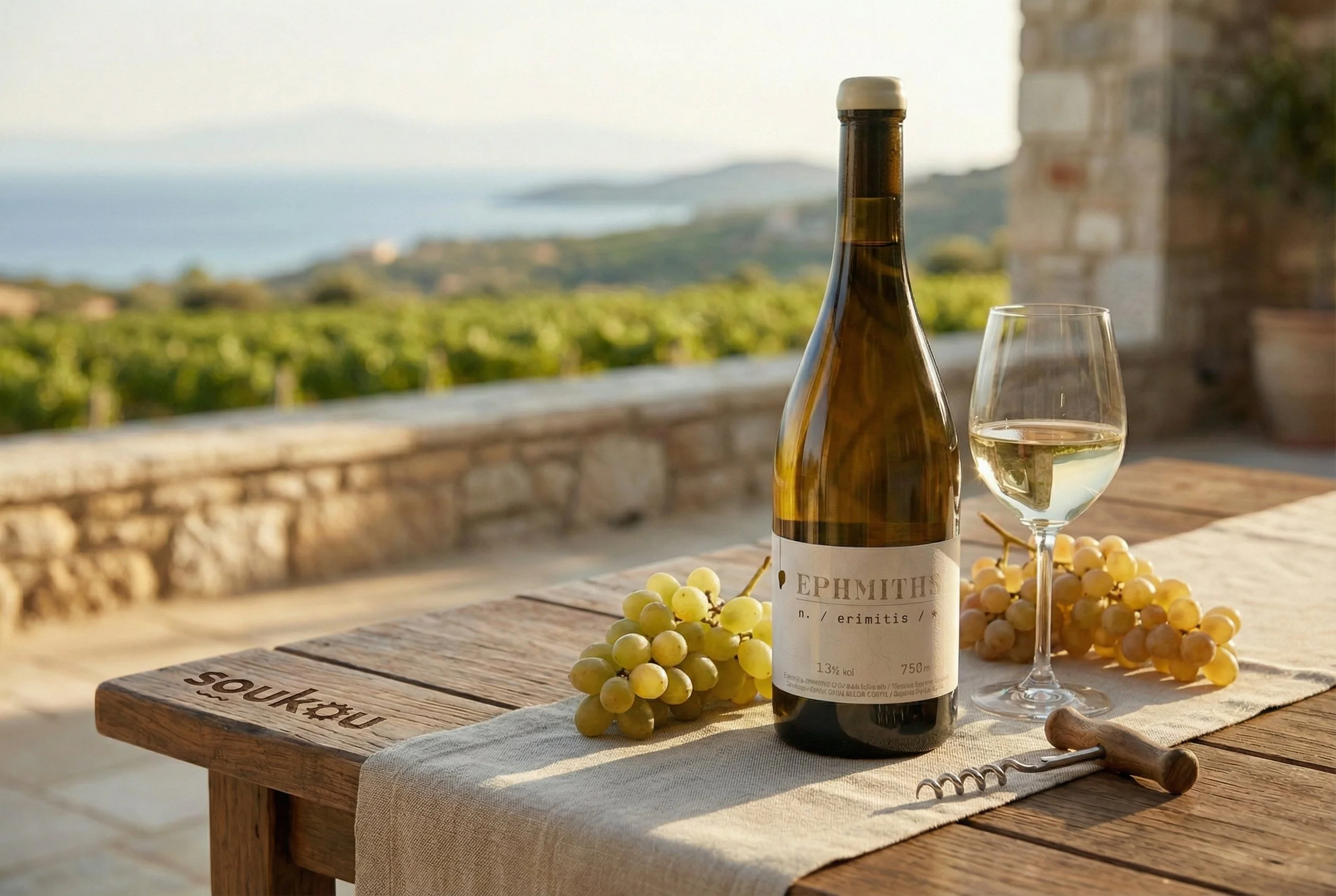 A bottle of white wine, named Erimitis, a glass of white wine, grapes, and a corkscrew on a wooden table outside with a vineyard and hills in the background.
