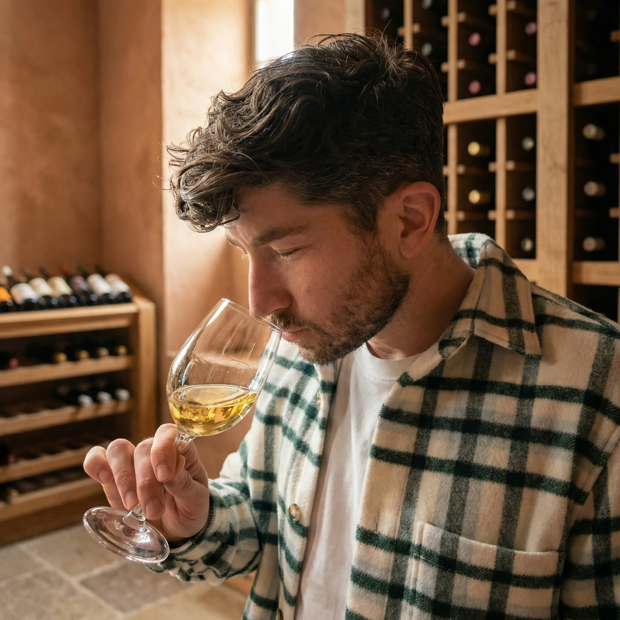 A man with dark, curly hair and a beard smelling a glass of white wine in a wine cellar.