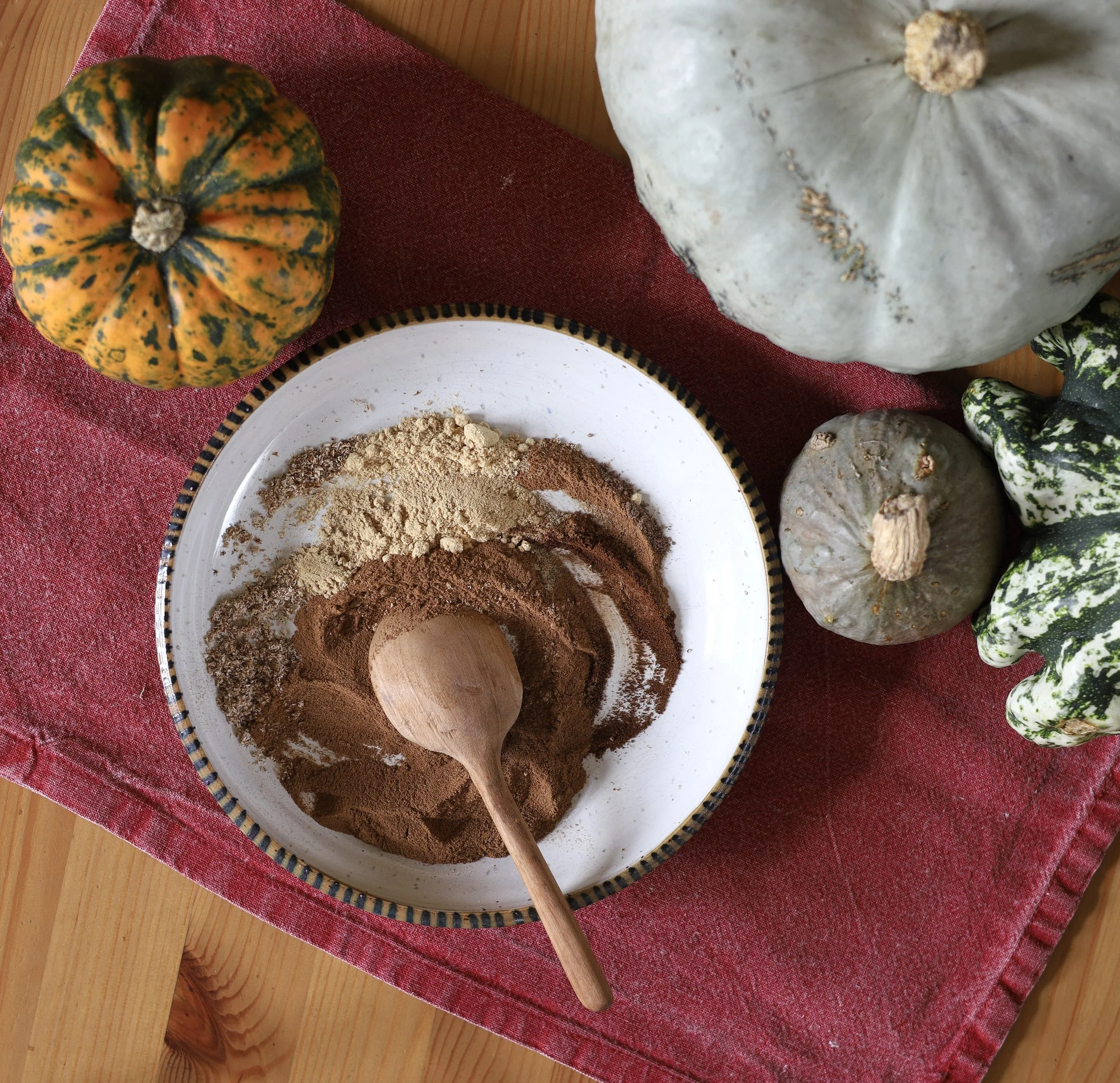 Kürbisgewürz in einer Schüssel auf dem Tisch neben Kürbissen